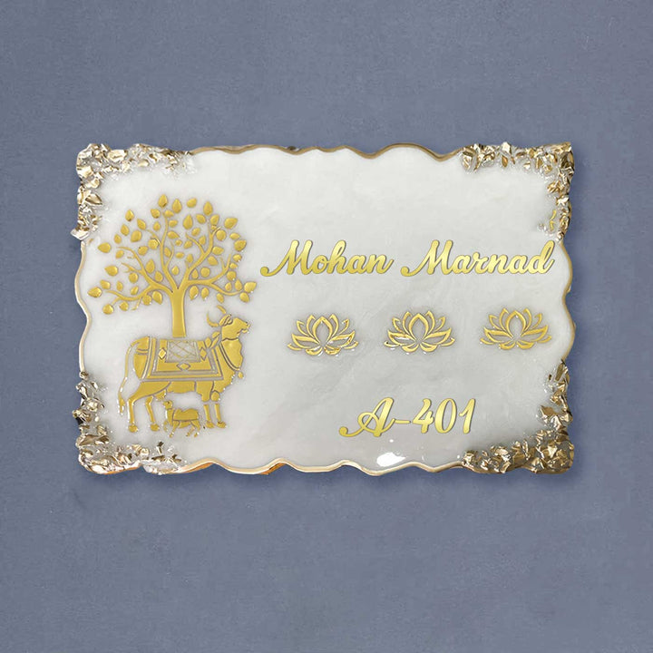 Personalized Kamadhenu Theme Resin Name Plate - Front View with Name Personalization