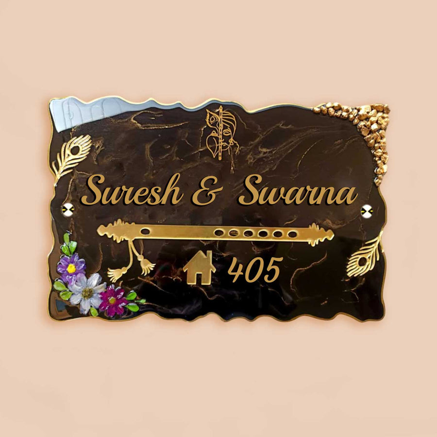 Personalized Flute Theme Resin And Acrylic Waterproof Name Plate - Front View on Neutral Background