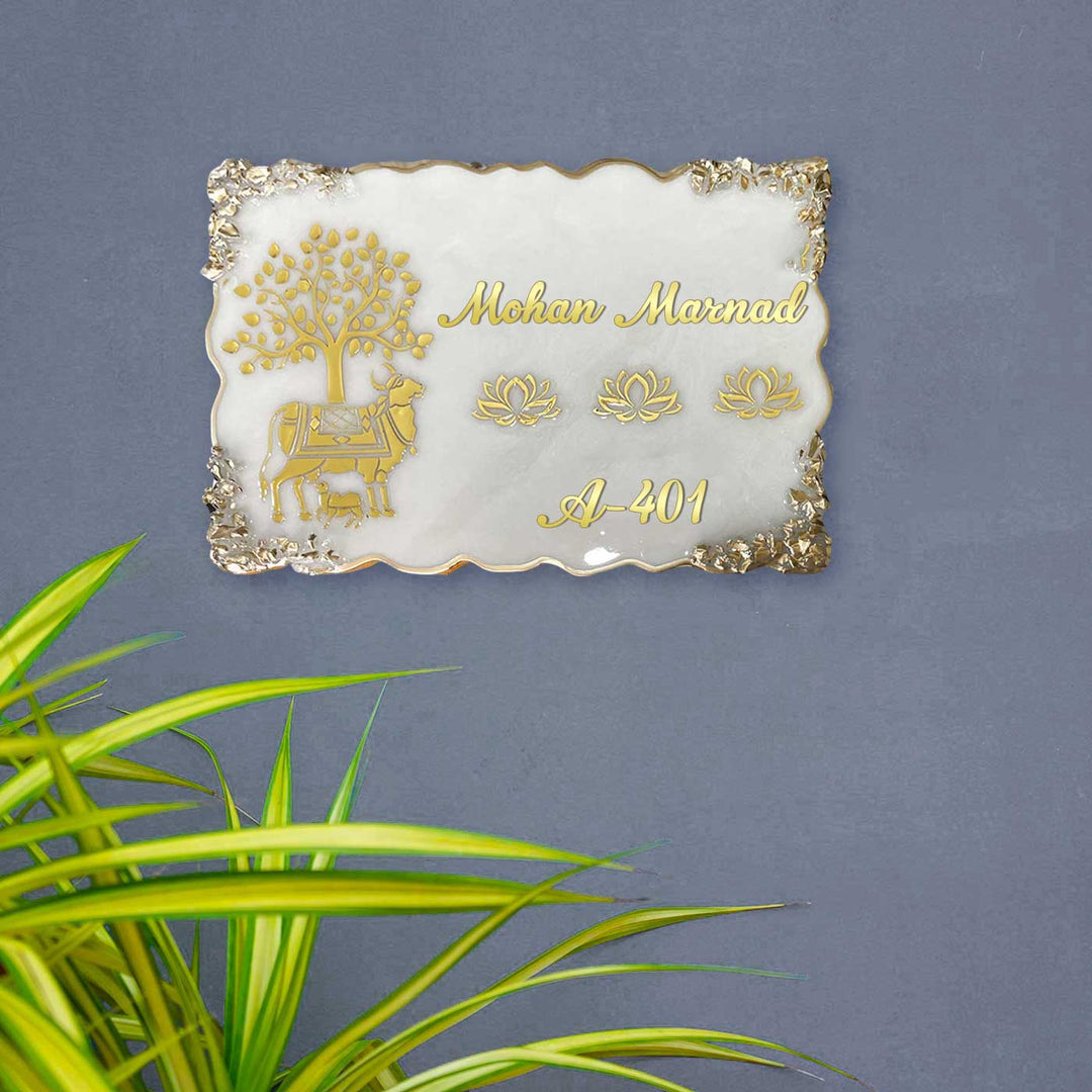 Personalized Kamadhenu Theme Resin Name Plate - Front View with Wall Background