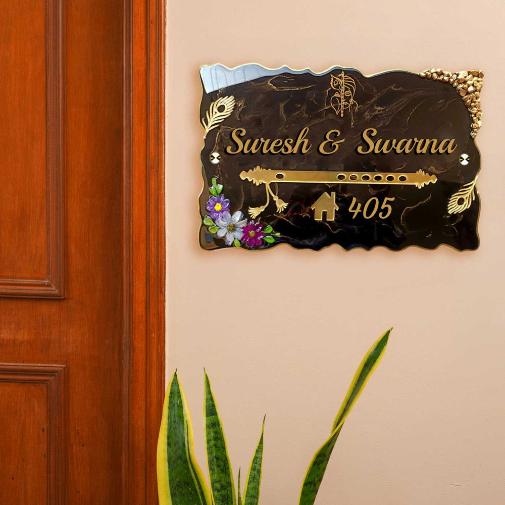 Personalized Flute Theme Resin And Acrylic Waterproof Name Plate - Mounted on Wall Near Door