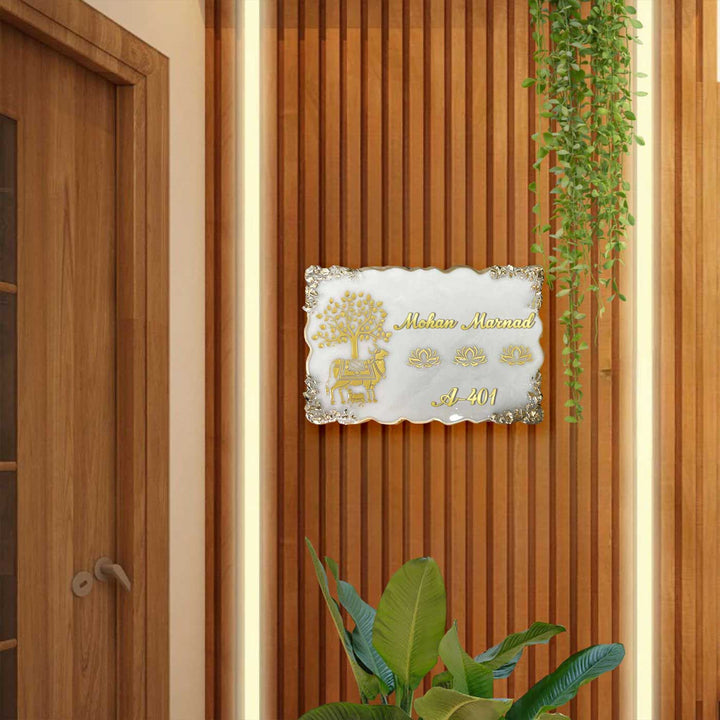 Personalized Kamadhenu Theme Resin Name Plate - Mounted on Entryway Wall
