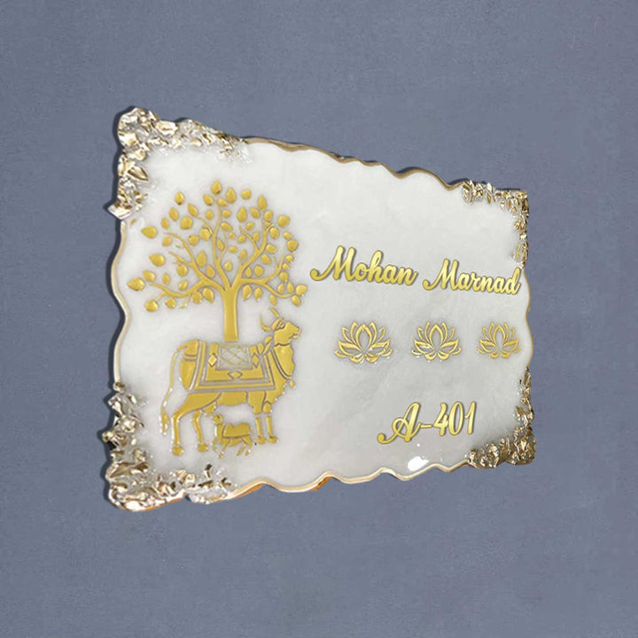 Personalized Kamadhenu Theme Resin Name Plate - Angled View Showing Design Details
