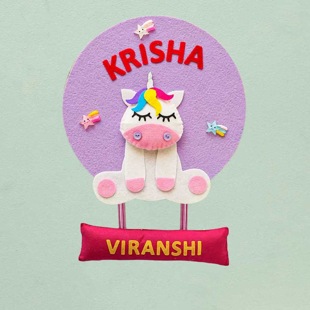 Personalized Handmade Unicorn Theme Felt Hoop Name Plate - Front View with Name Personalization