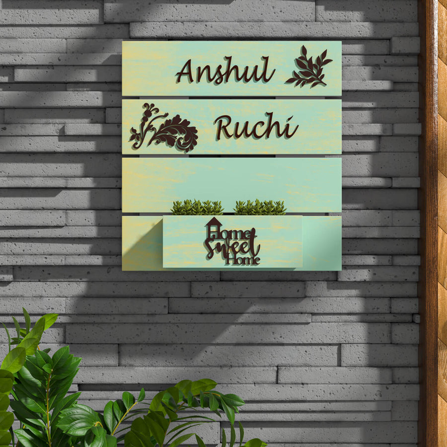 Rustic Wooden Planter Name Plate For Couples - Mounted on Wall with Shadows