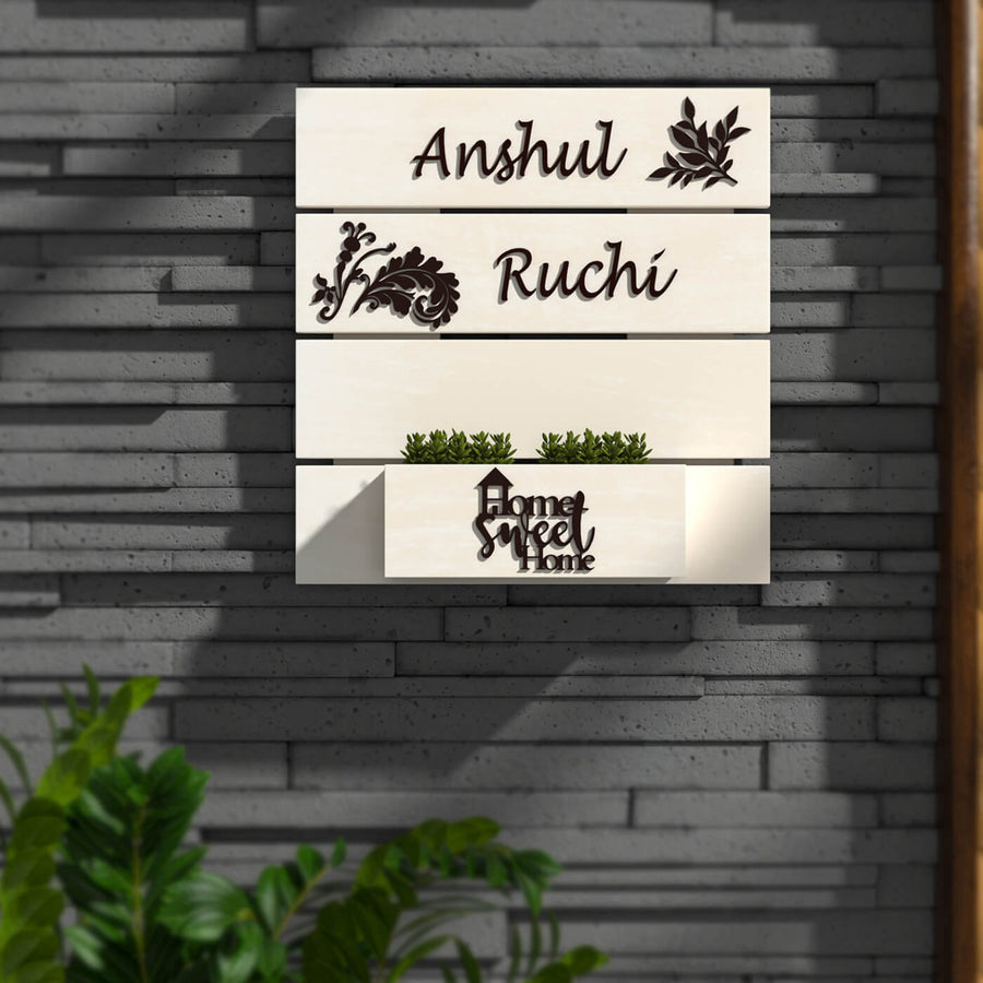 Rustic Wooden Planter Name Plate Two Names - Mounted on Entryway Wall