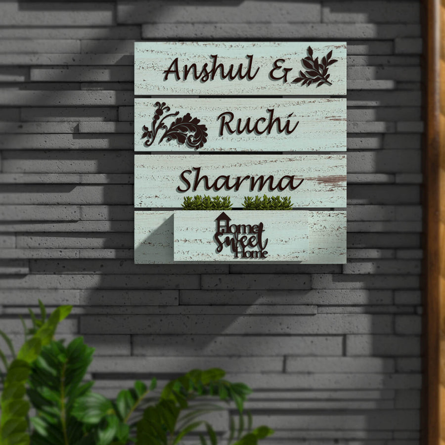 Rustic Wooden Planter Name Plate For Couples 1 - Front View Mounted on Wall