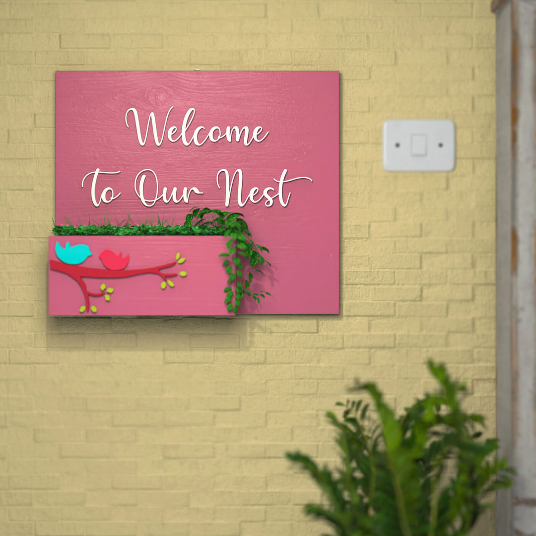 Rectangle Birds Planter Name Plate Welcome To Our Nest - Mounted on Indoor Wall Close-up