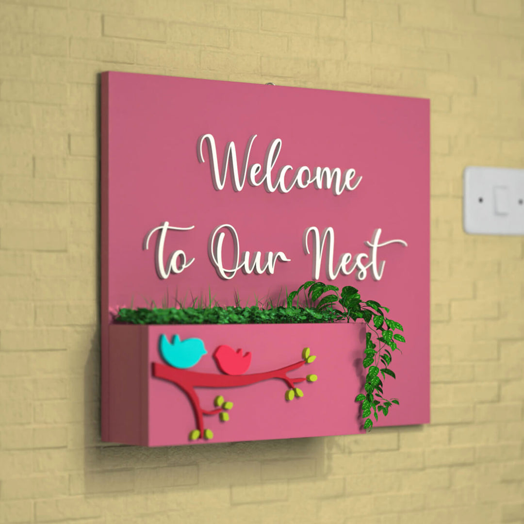 Rectangle Birds Planter Name Plate Welcome To Our Nest - Mounted on Wall with Plants
