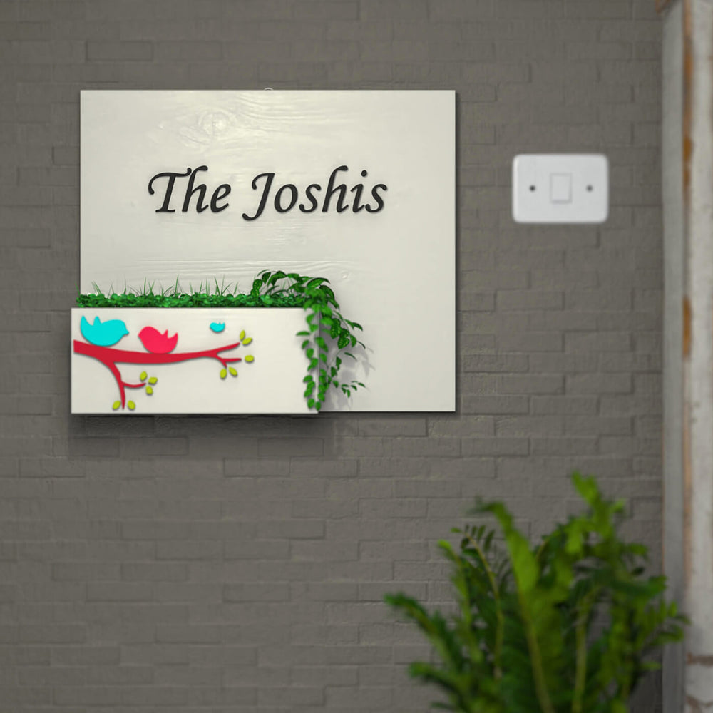 Rectangle Birds Planter Name Plate Family Name - Mounted on Wall with Planter Box
