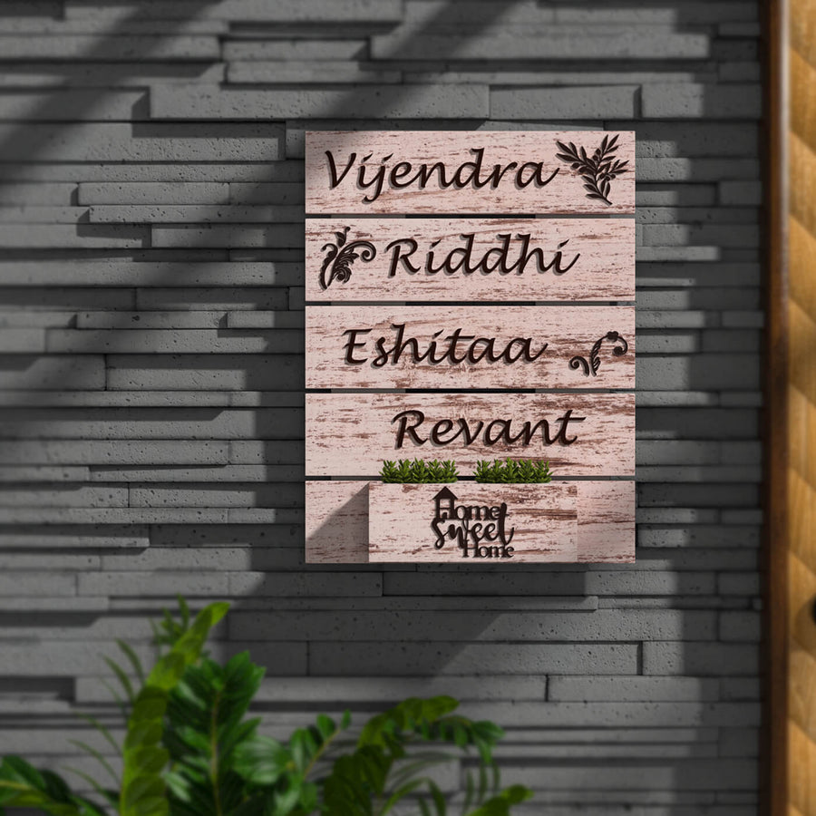 Rustic Wooden Planter Name Plate Four Names - Mounted on Wall with Name Personalization