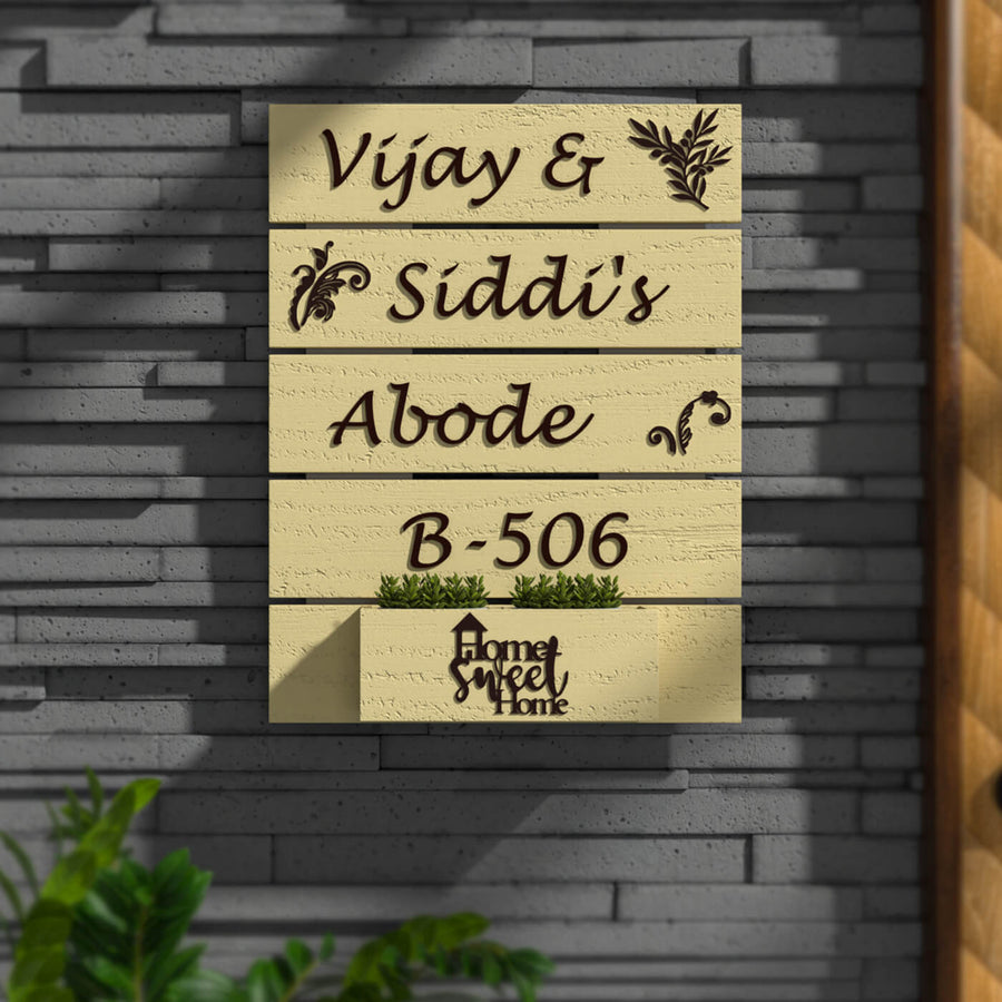 Rustic Wooden Planter Name Plate Two Names With House Number - Mounted on Entryway Wall