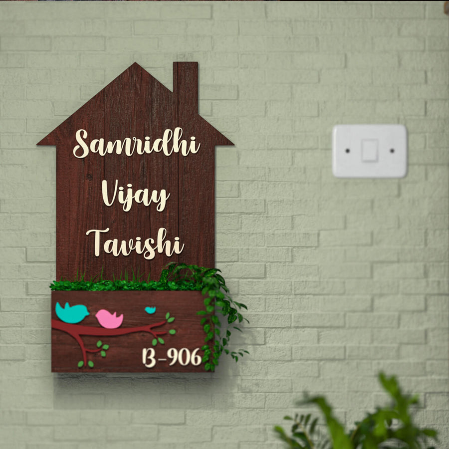 House Shaped Birds Planter Name Plate - Mounted on Wall Showing Personalization