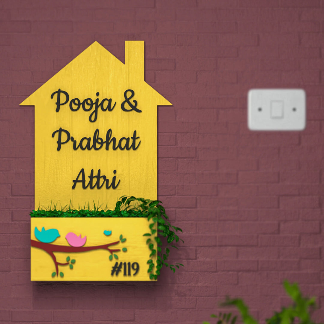 House Shaped Birds Planter Name Plate 1 - Mounted on Wall with Side Planter