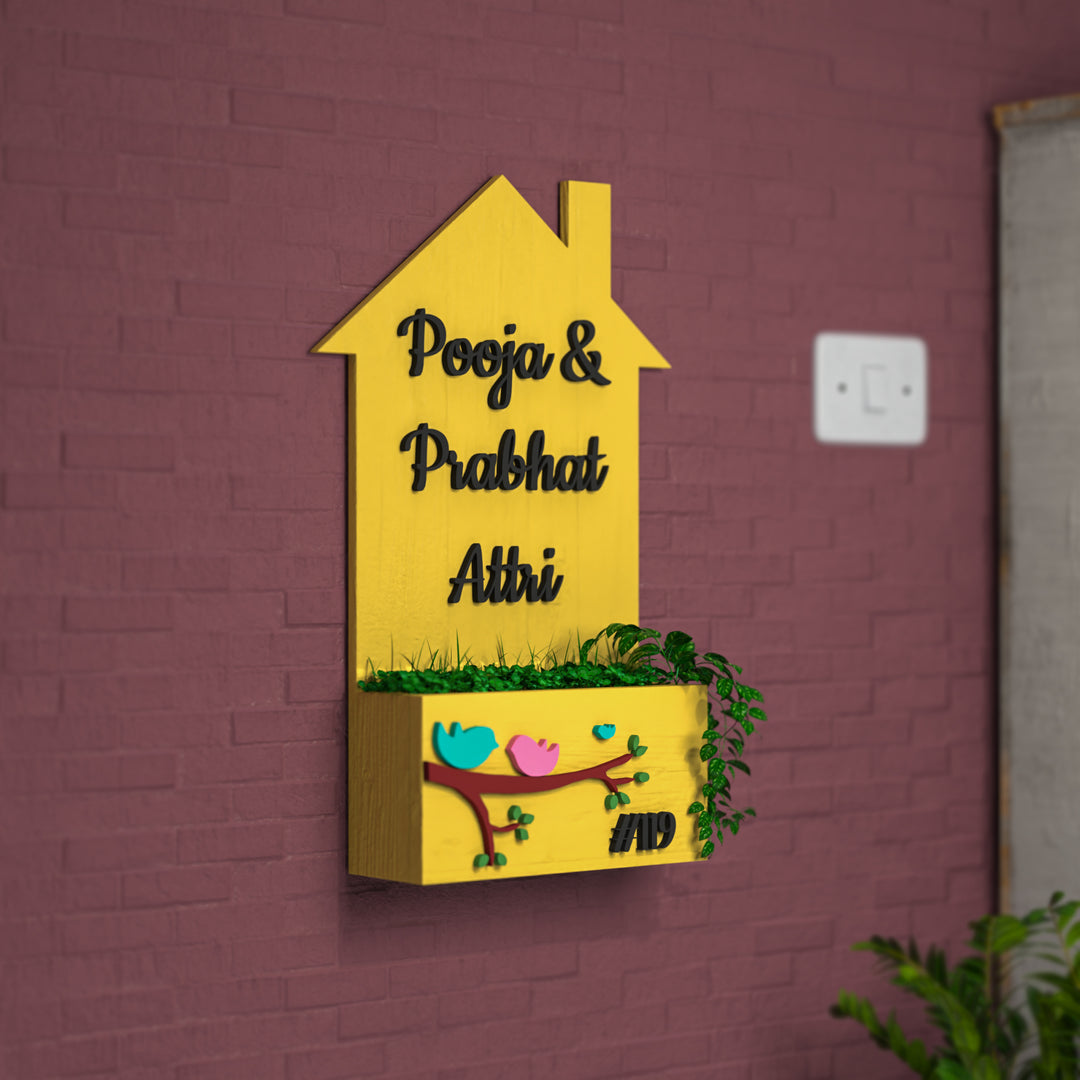 House Shaped Birds Planter Name Plate 1 - Mounted on Wall with Plant Box