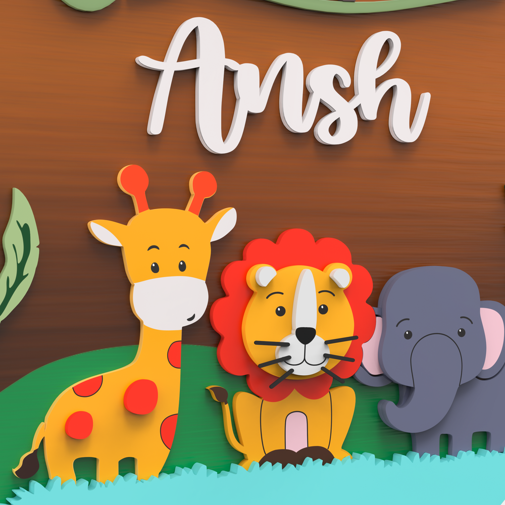 Circular Name Plate For Kids Jungle Theme - Name Personalization Example on Wall