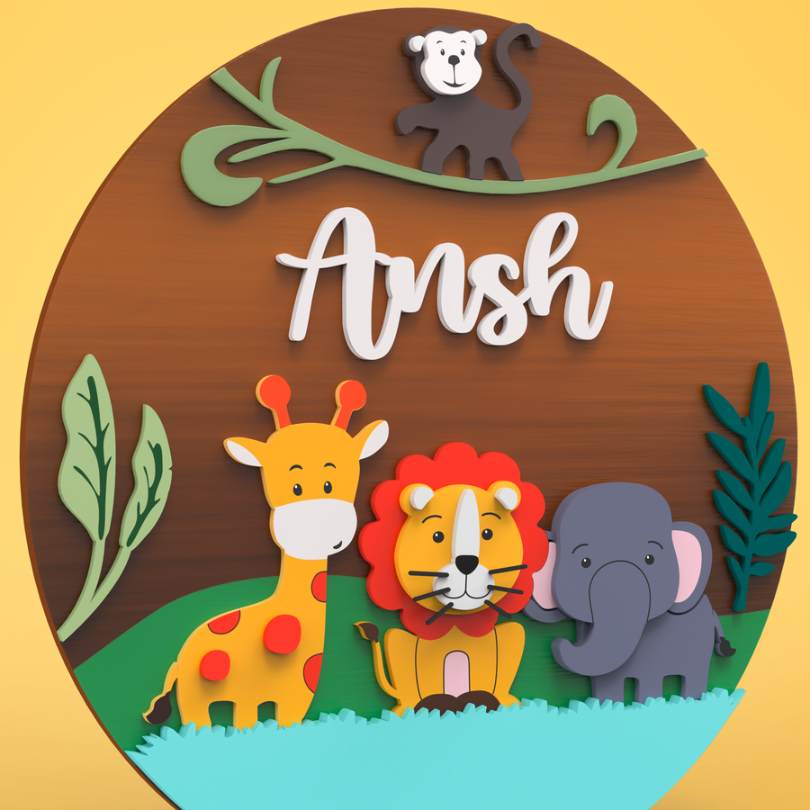 Circular Name Plate For Kids Jungle Theme - Name Personalization Example Front View