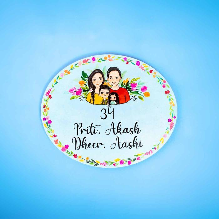 Handpainted Character Name Plate Family Name - Front View with Personalized Illustration