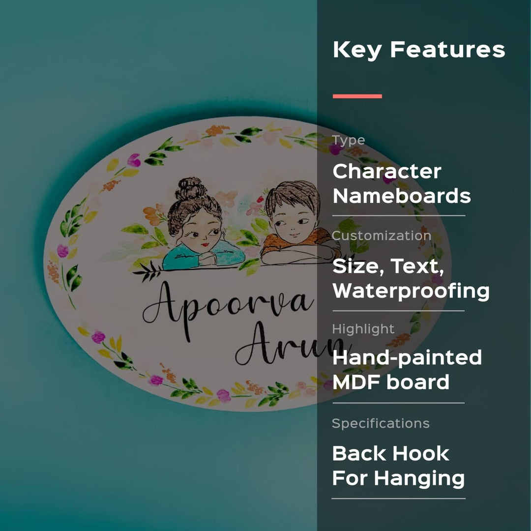 Oval Hand Painted Character Name Plate Couple 1 - Front View with Name Personalization