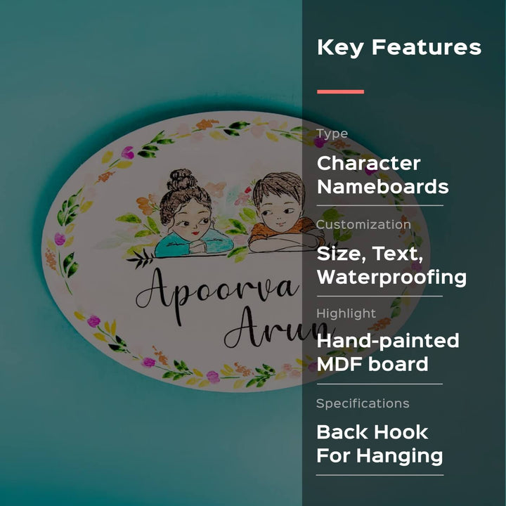 Oval Hand Painted Character Name Plate Couple 1 - Front View with Name Personalization