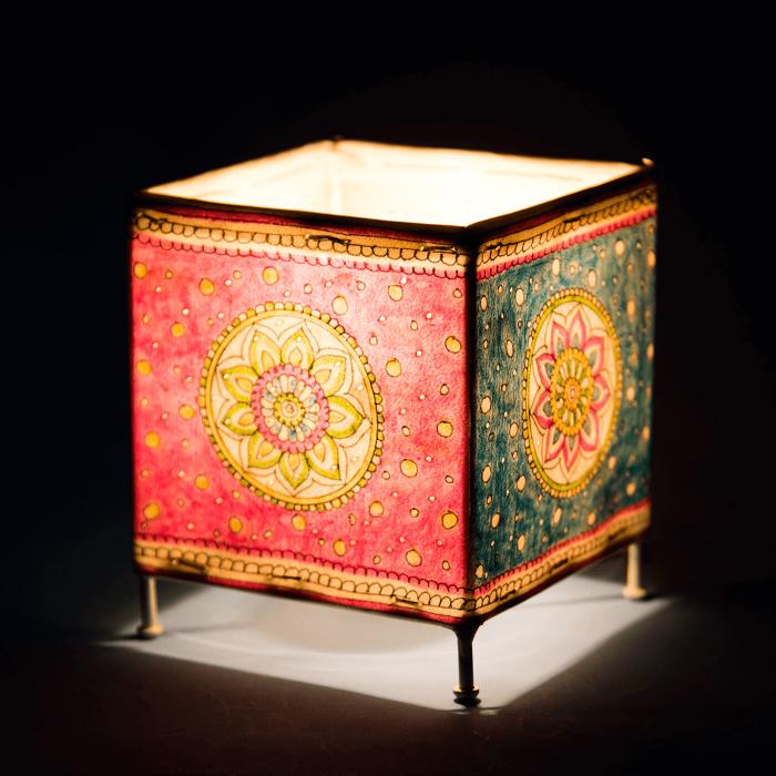 Ocean Flower Hand Painted Tholu Bommalata Cuboid Tealight Lamp | 6 inches