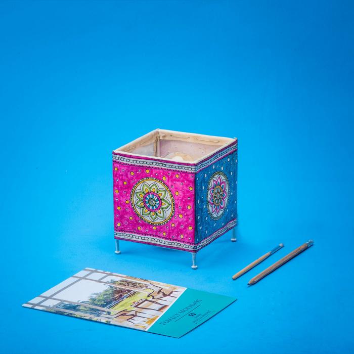 Ocean Flower Hand Painted Tholu Bommalata Cuboid Tealight Lamp | 6 inches