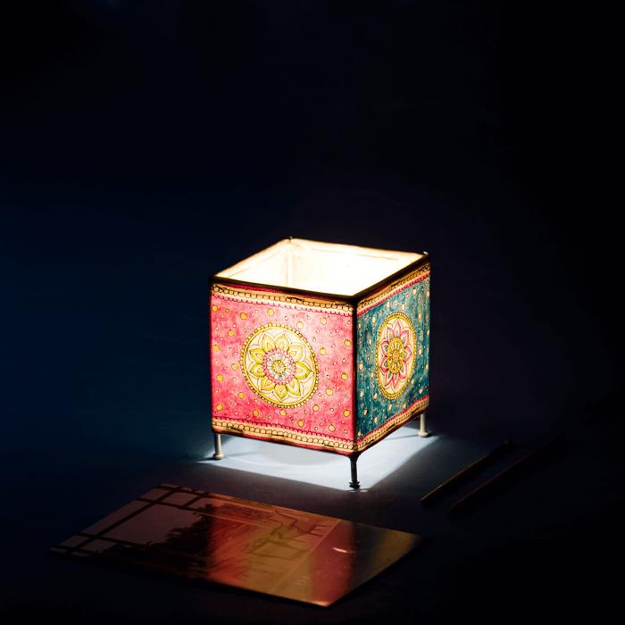 Ocean Flower Hand Painted Tholu Bommalata Cuboid Tealight Lamp | 6 inches
