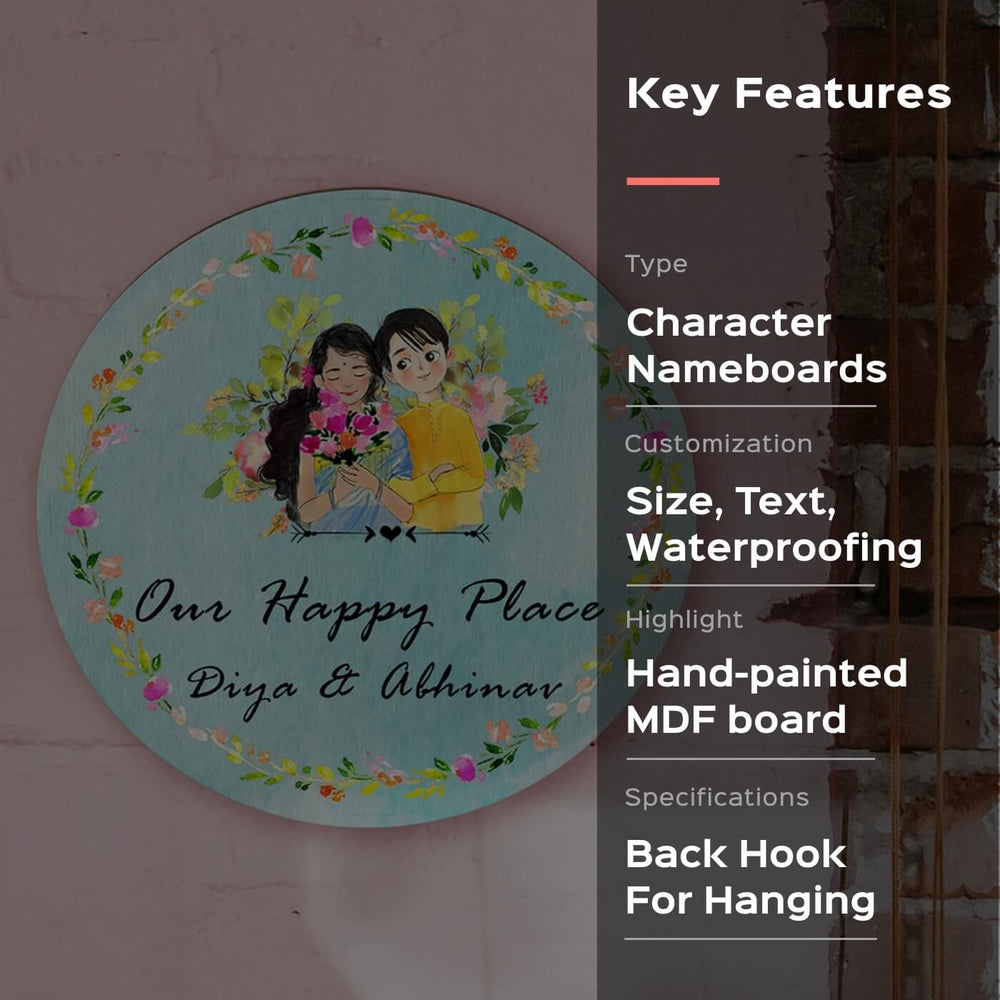 Round Hand Painted Character Name Plate Happy Place - Front View Hanging on Wall