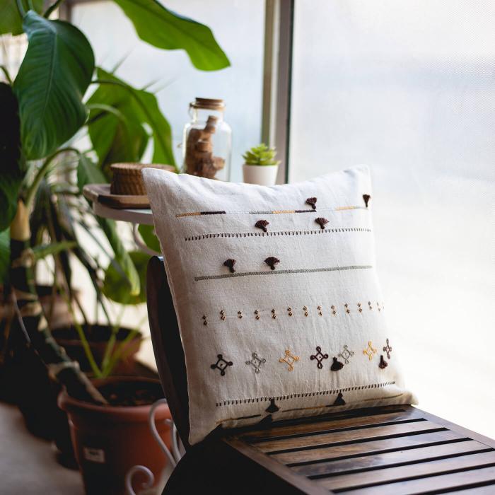 Hand-embroidered Natural and Brown Cushion Cover - 40 x 40 cm