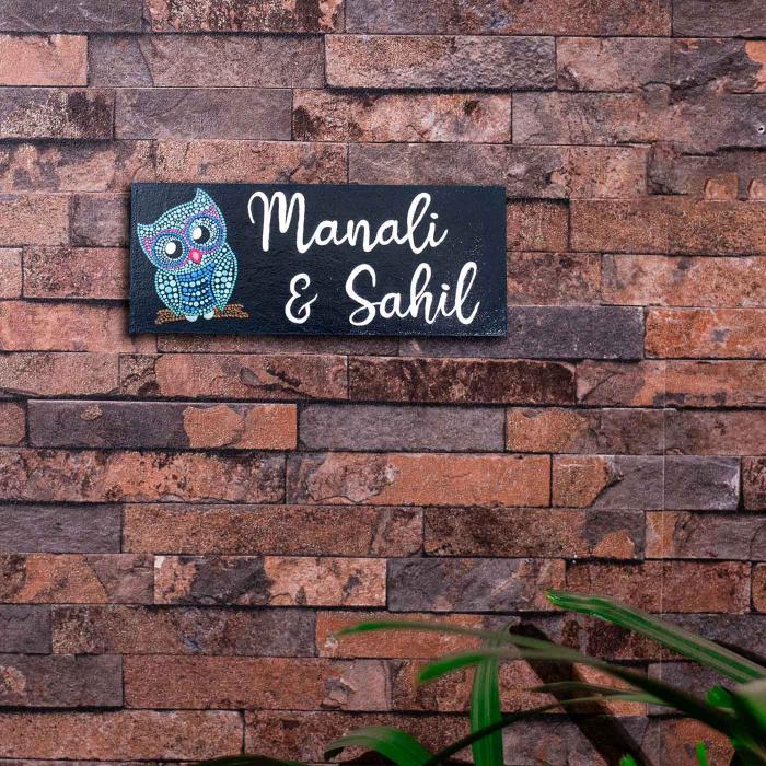 Dot Art Name Plate Small Horizontal Rectangle Couple Name - Mounted on Brick Wall