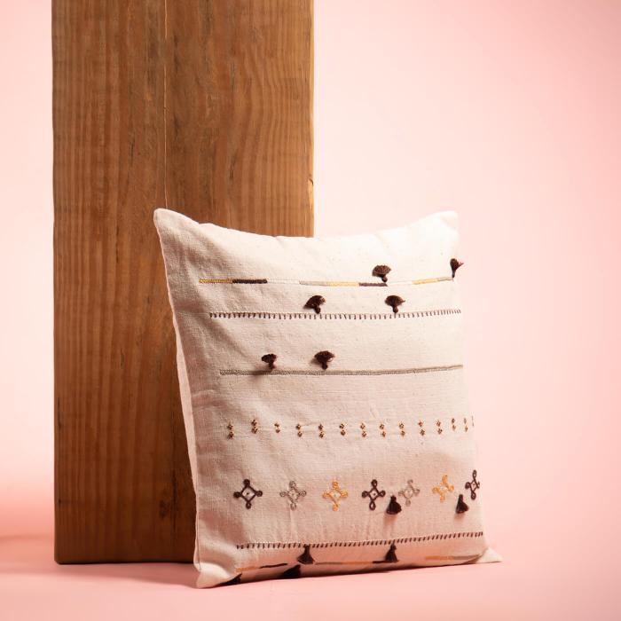 Hand-embroidered Natural and Brown Cushion Cover - 40 x 40 cm