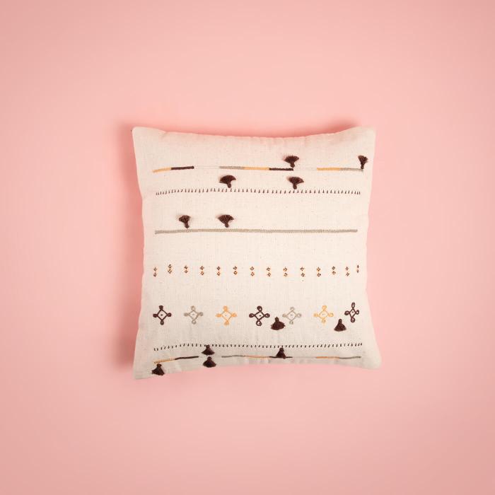 Hand-embroidered Natural and Brown Cushion Cover - 40 x 40 cm