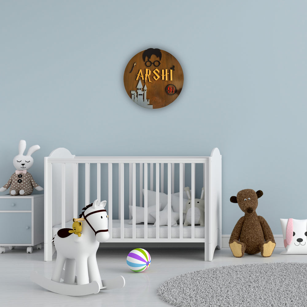 Harry Potter Themed Kids Name Plate - Mounted on Nursery Wall Above Crib
