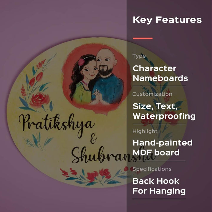 Oval Hand Painted Character Name Plate Couple Red Flowers - Front View with Name Personalization