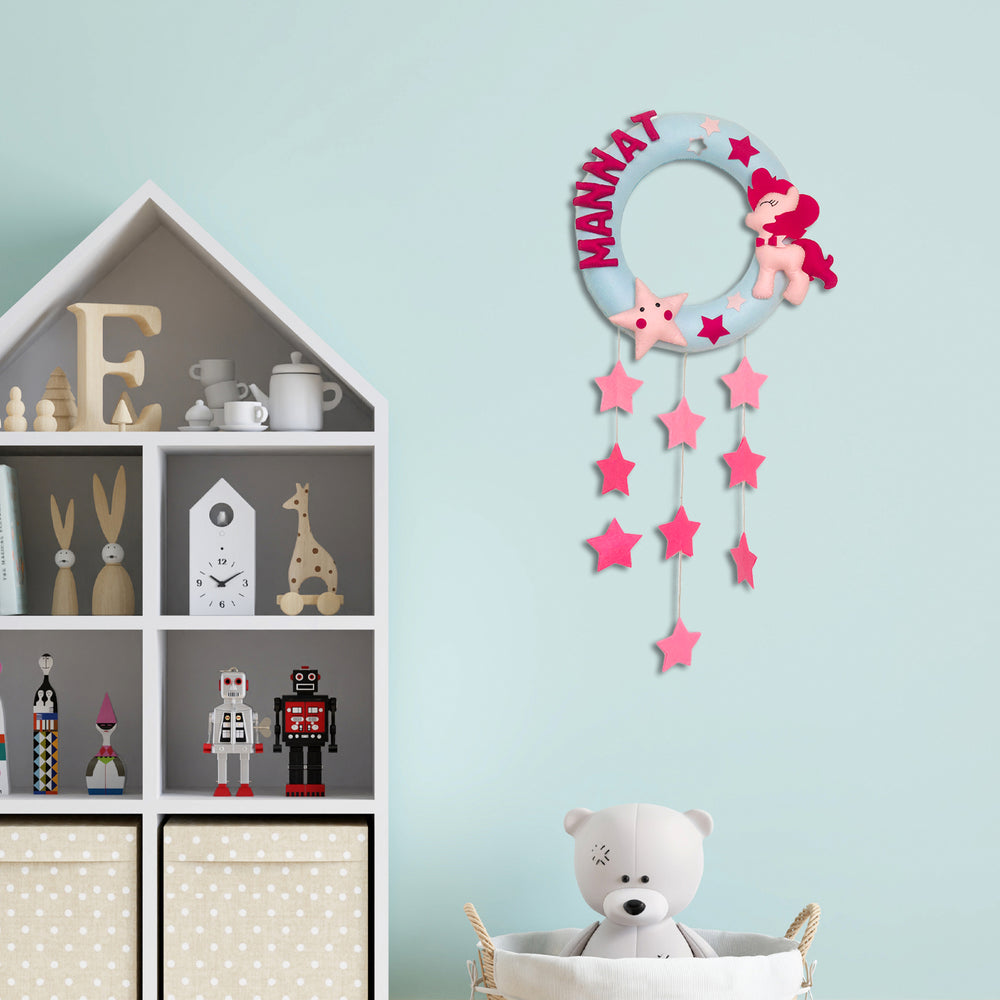 Handmade Personalized Pony Themed Felt Kids Name Hanging With Stars - Mounted on Wall with Name Personalization