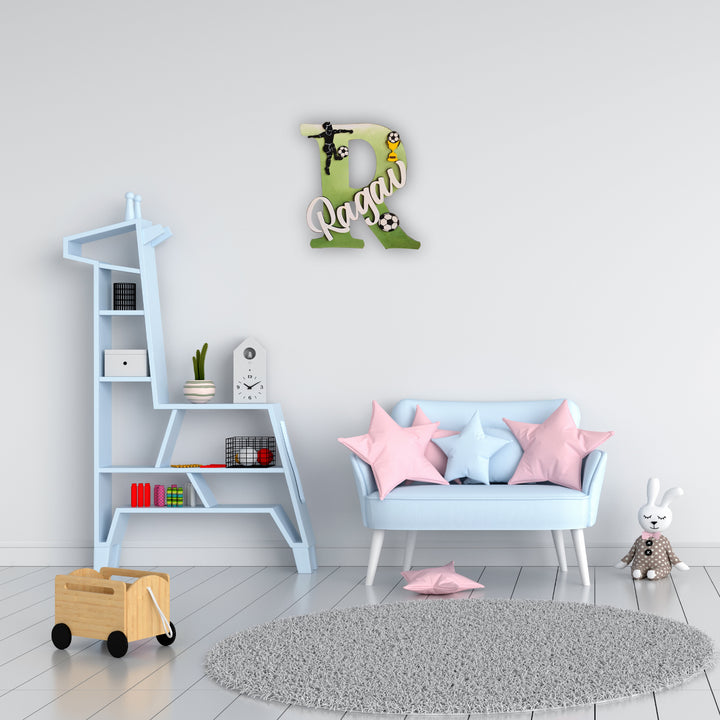 Soccer Themed Monogram Kids Name Plate - Mounted on Wall Above Sofa