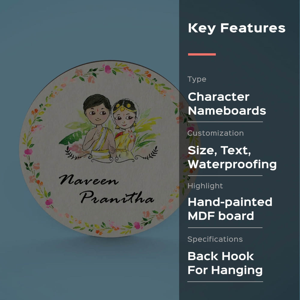 Round Hand Painted Character Name Plate South Indian Couple 1 - Front View with Text and Illustration