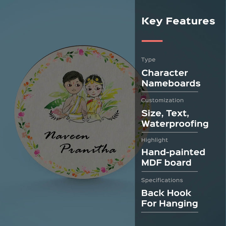 Round Hand Painted Character Name Plate South Indian Couple 1 - Front View with Text and Illustration