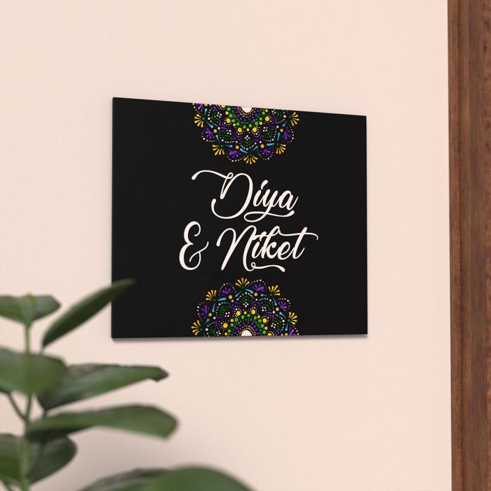 Rectangle Dot Art Name Plate Couple Names - Mounted on Wall Front View