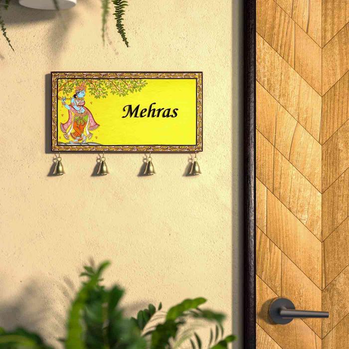 Hand Painted Pattachitra Board With Bells Krishna - Mounted on Wall with Decorative Bells