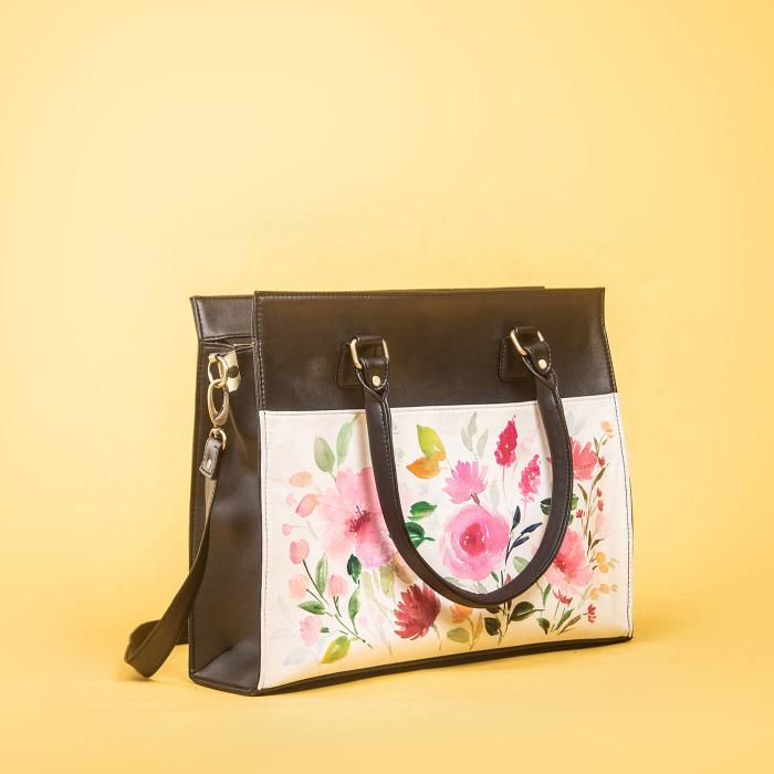 Floral Black Laptop Tote in Faux Leather