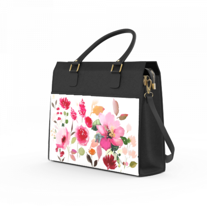 Floral Black Laptop Tote in Faux Leather