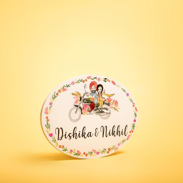 Oval Hand Painted Character Name Plate Punjabi Couple 1 - Front Angle with Name Personalization