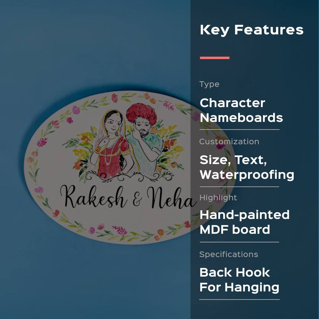 Oval Hand Painted Character Name Plate Rajasthani Couple - Front View with Text and Illustration