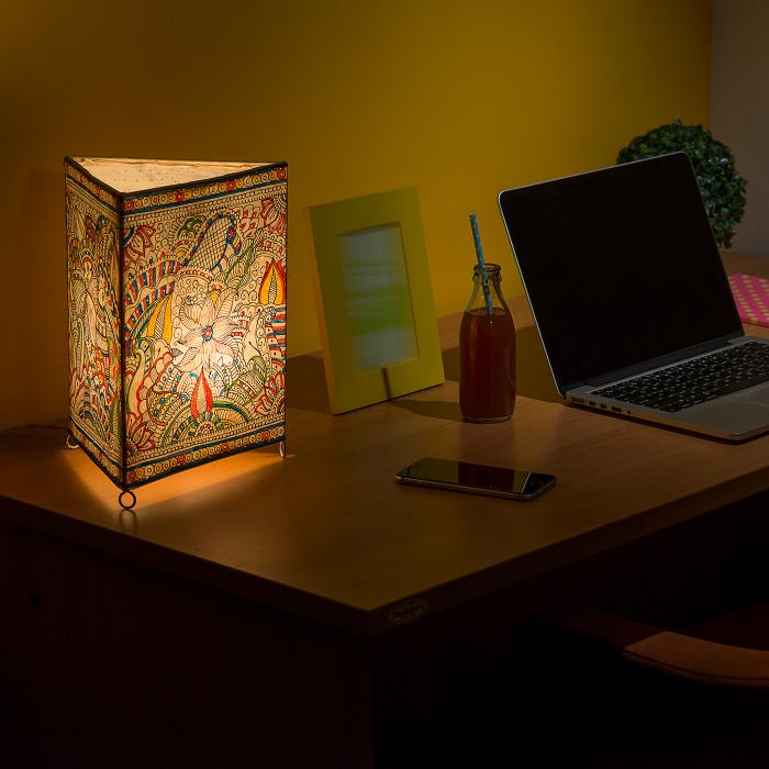 Doodle Peacock & Doodle Flower Prism Tholu Bommalata Tabletop Lamp | 11 inches