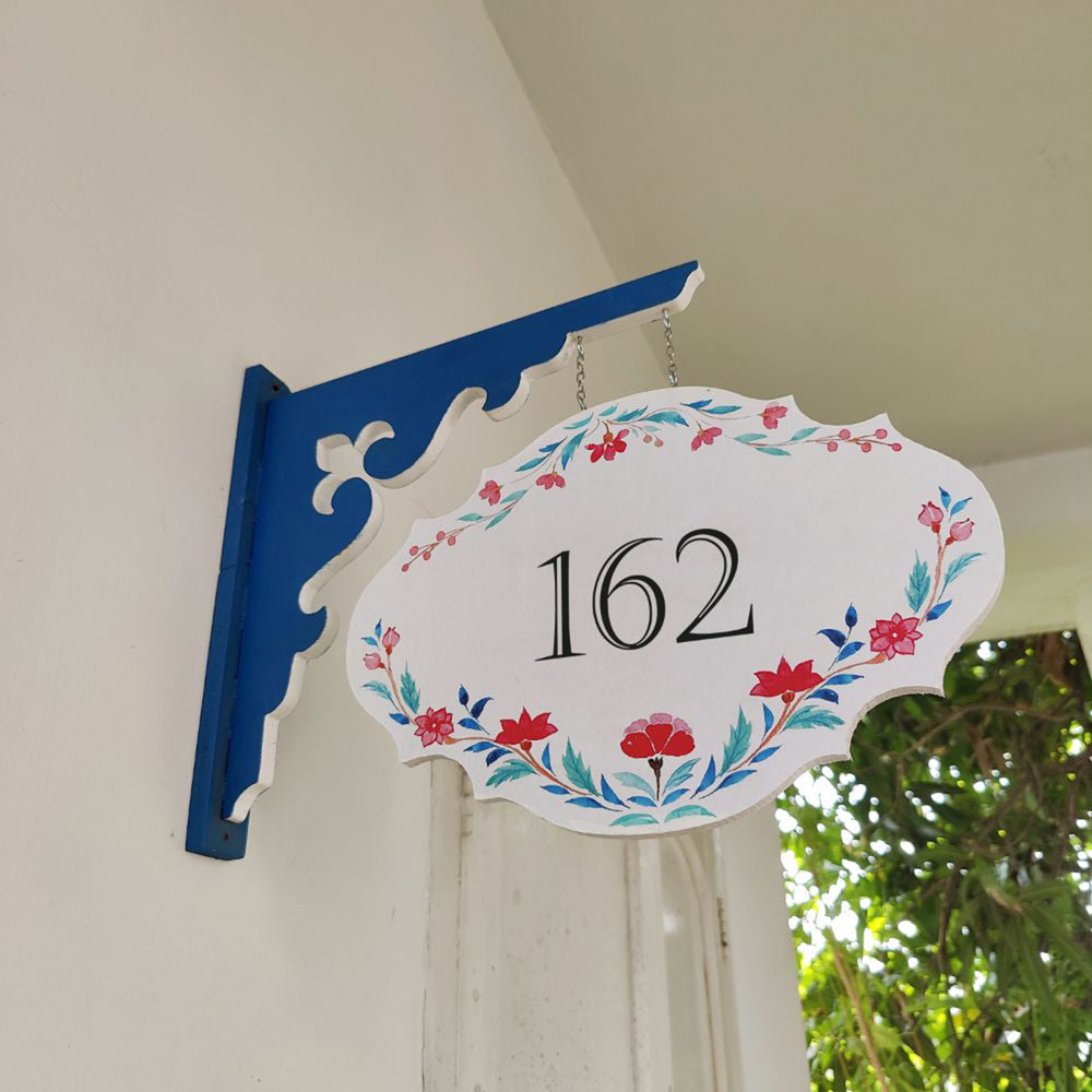 Hand Painted Victorian Oval Cut Hanging Name Plate - Side View Hanging from Bracket (2)