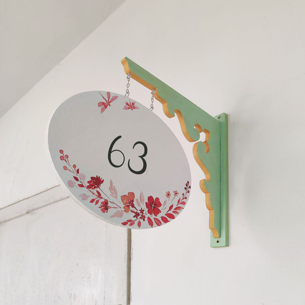 Hand Painted Oval Hanging Floral Name Plate 1 - Side View Mounted on Wall Bracket