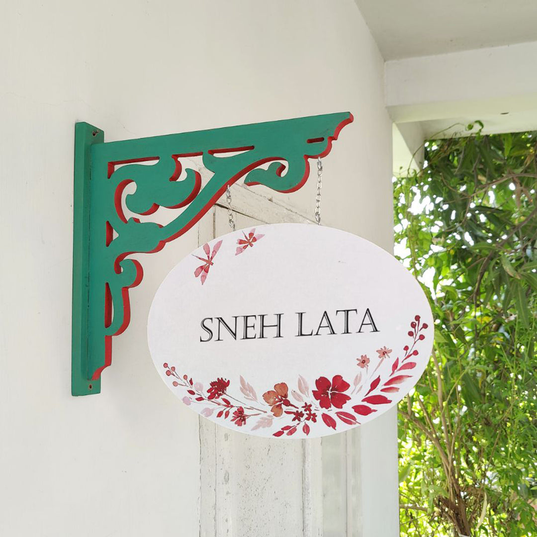 Hand Painted Oval Hanging Floral Name Plate 3 - Mounted on Wall Bracket Side View