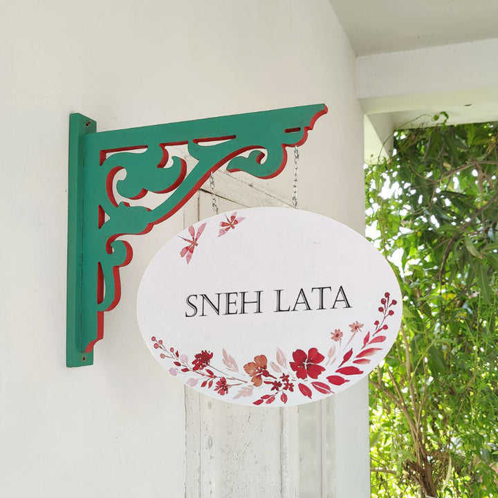 Hand Painted Oval Hanging Floral Name Plate 3 - Mounted on Wall Bracket Side View