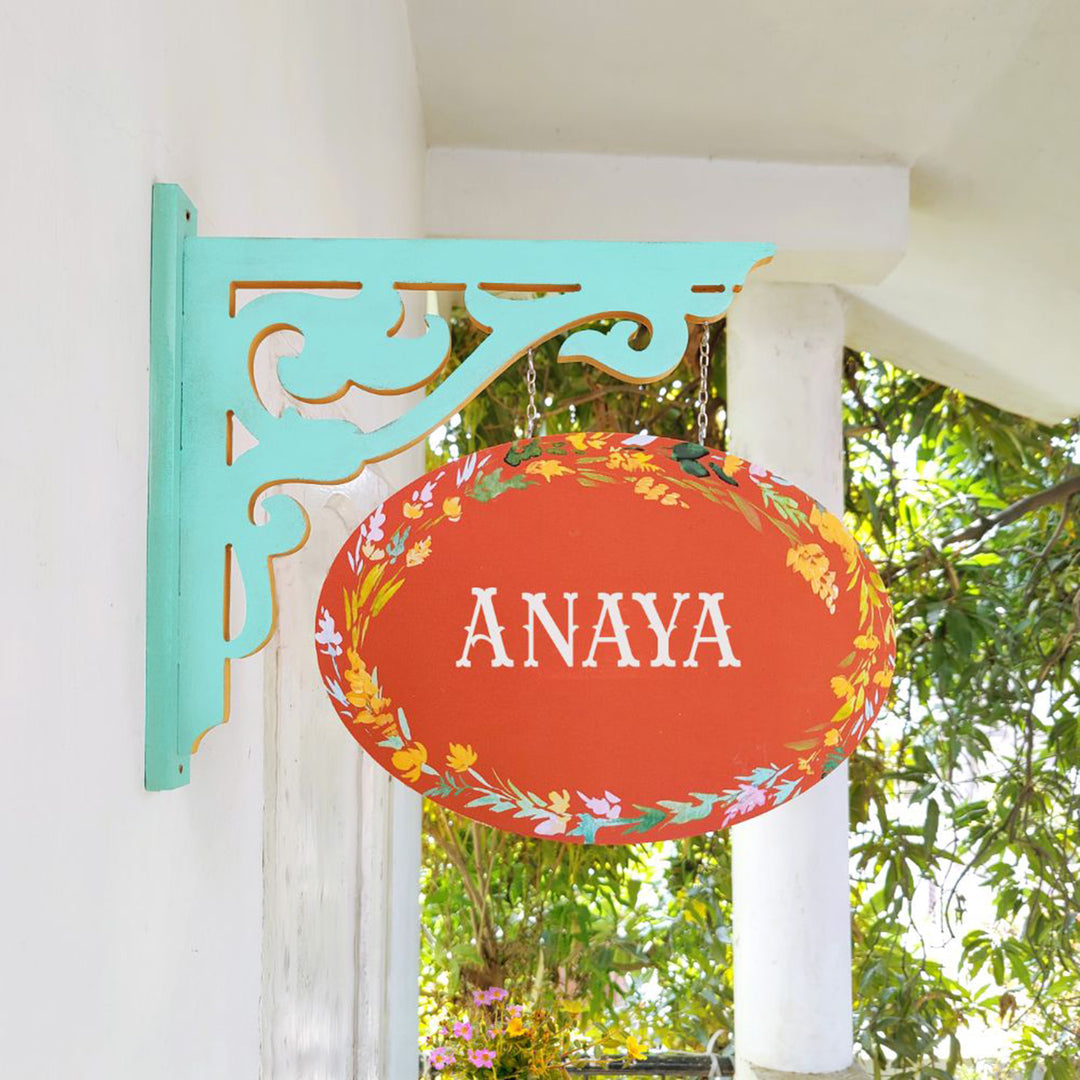 Hand Painted Oval Hanging Floral Name Plate 4 - Side View Hanging on Bracket