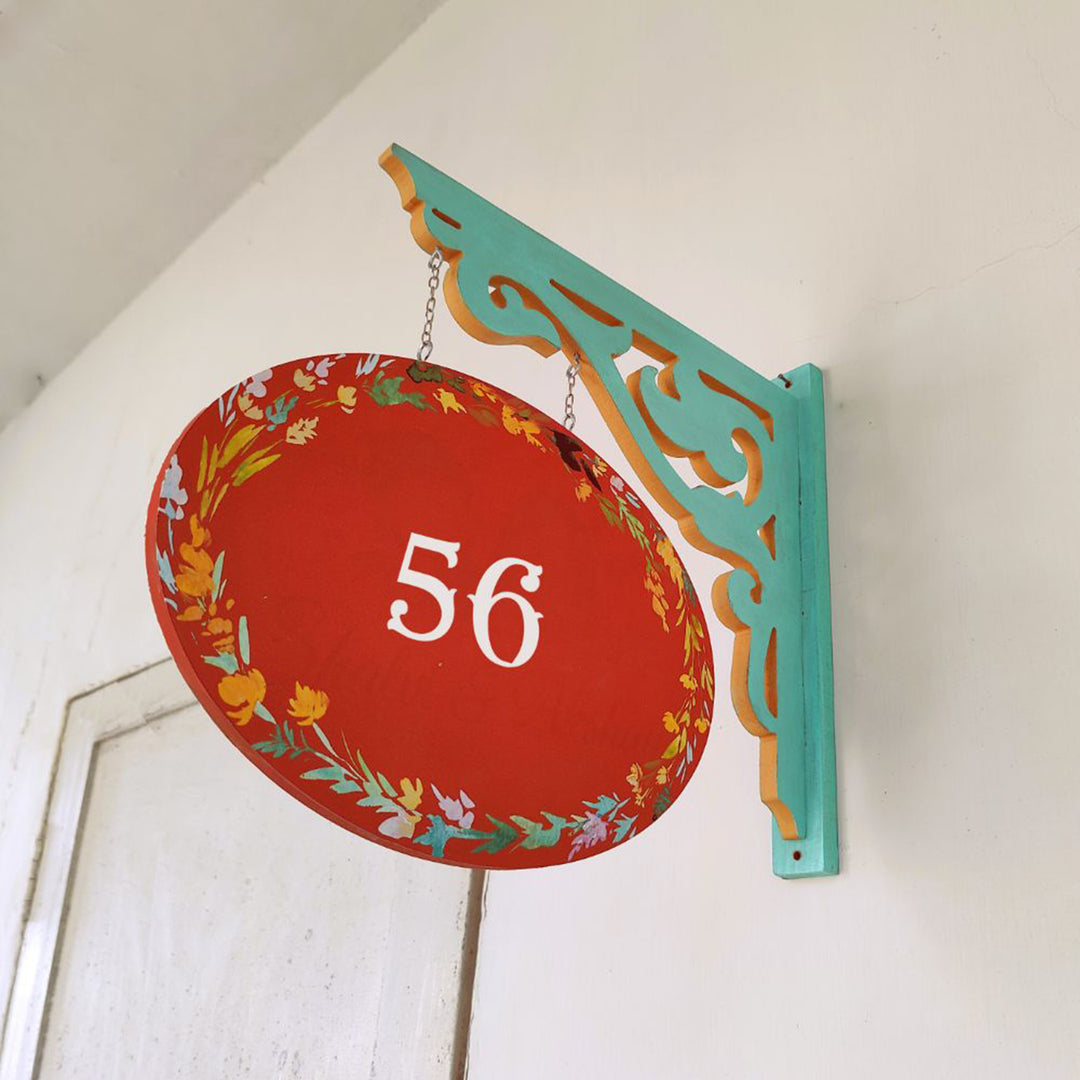 Hand Painted Oval Hanging Floral Name Plate 4 - Hanging Side View with Mounting Bracket